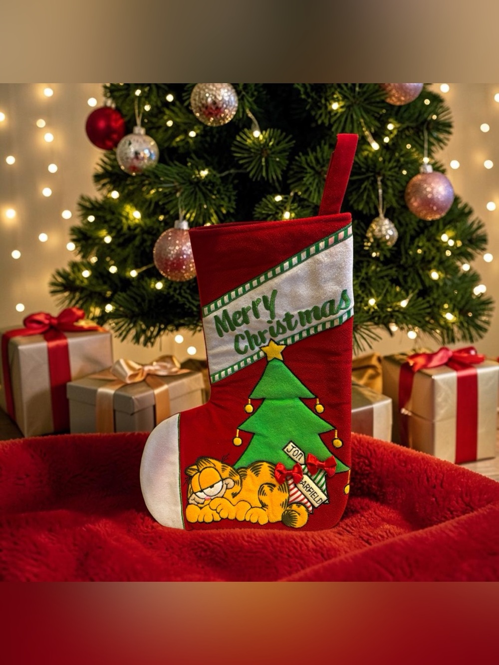 Vintage 1981 Dakin Garfield Cartoon Christmas Stocking Appliqué Satin & Basting